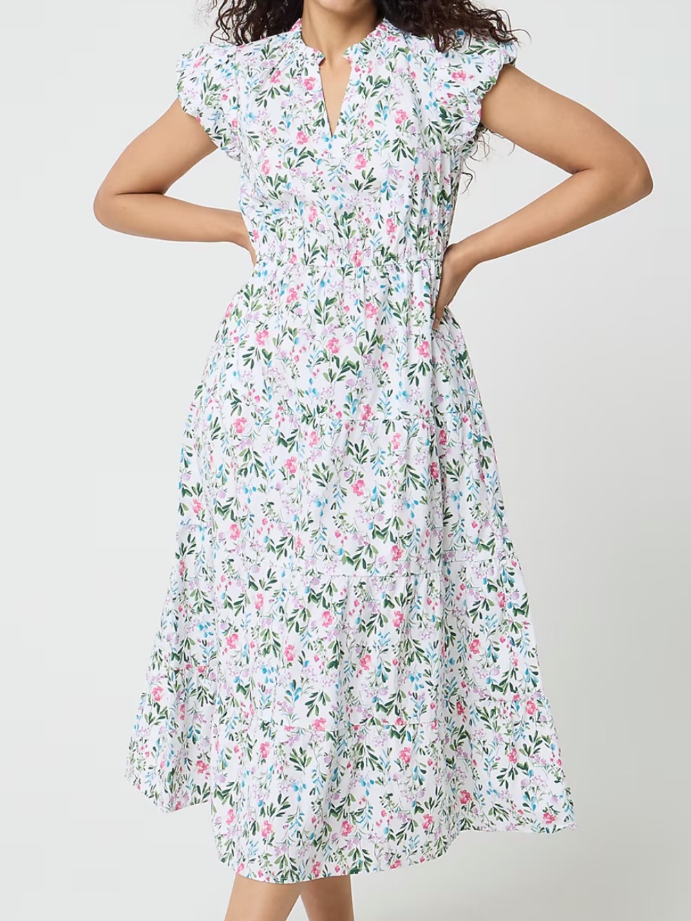 J. Crew Willa midi dress White Floral Flutter-Sleeve Tiered